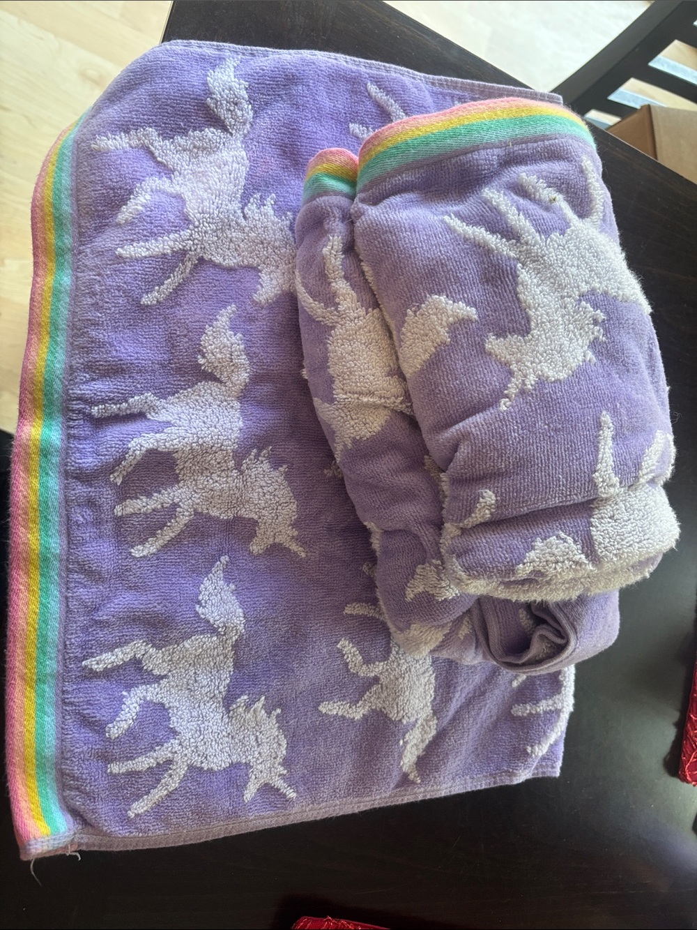Kids Purple Unicorn Hand Towels with Rainbow Trim